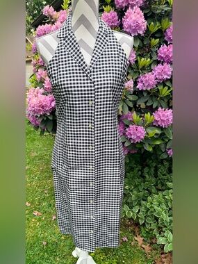 VTG Lauren Ralph Lauren 100% Silk Black& White Gingham Halter Button-Front Dress